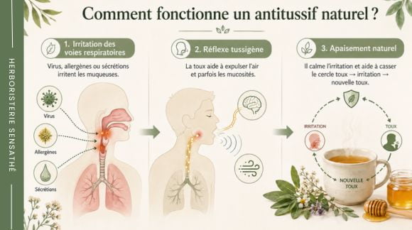 Illustration de comment fonctionne un antitussif naturel  irritation, réflexe de toux et apaisement des voies respiratoires - Herboristerie Sensathé